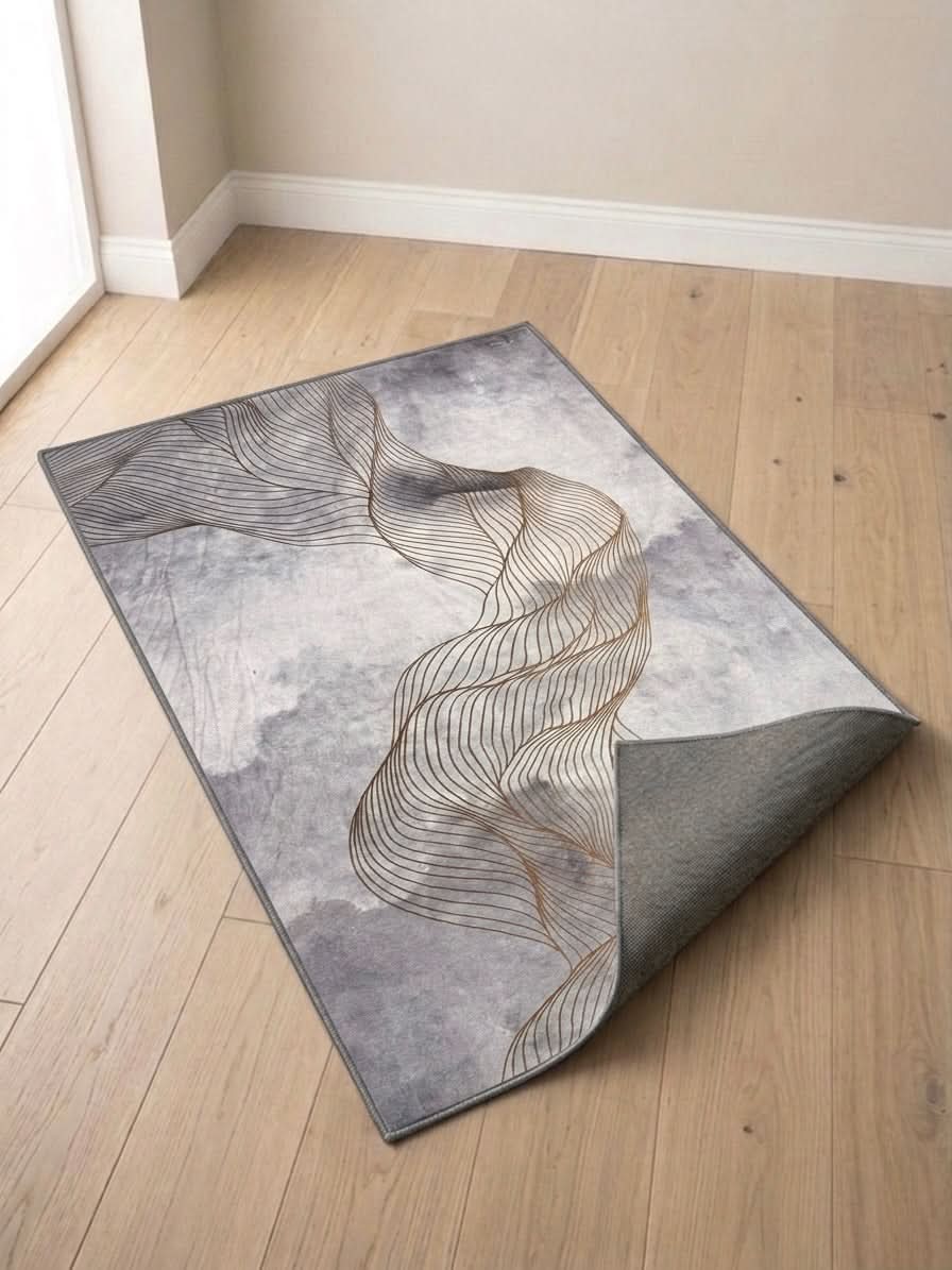 Modern Abstract Prayer Mat in grey and gold, showcasing elegant flowing lines on a soft watercolor background.