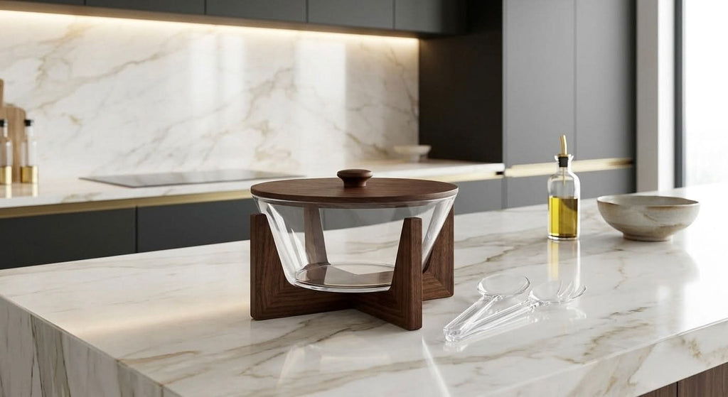 Modern glass salad bowl set with wooden stand and lid on a marble kitchen counter.