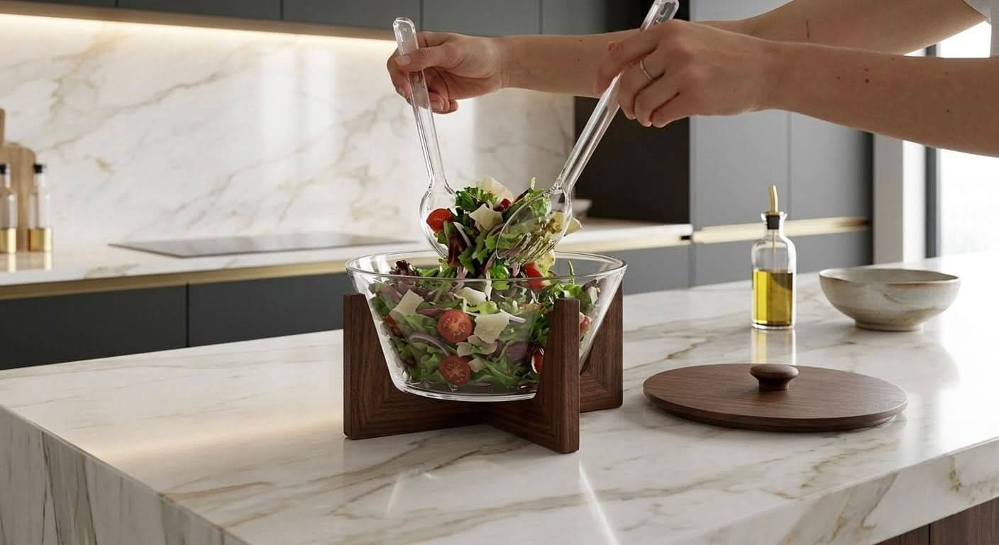 Modern glass salad bowl set displayed elegantly on a marble countertop with salad and wooden serving utensils.