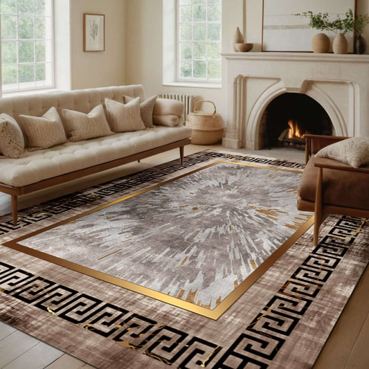 Modern Luxury Greek Border Rug-Add a touch of modern luxury with the BY-DLS-230 Greek Border Rug. Features a stunning sunburst design and Greek key border in neutral tones with gold accents. Shop now!-Bazaar G Rugs N Gifts