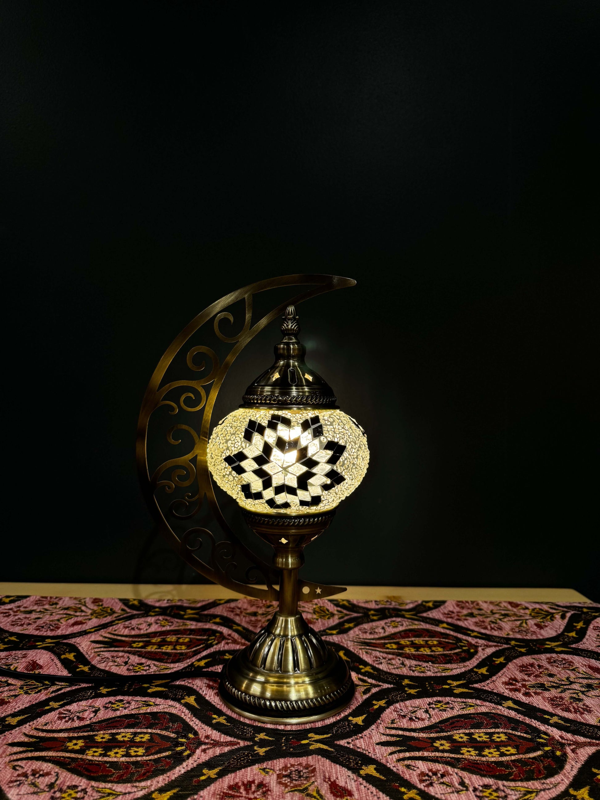Monochrome Star Turkish Mosaic Lamp - Crescent Moon Design-Shop the Monochrome Star Turkish Mosaic Lamp! Features bold black and white star mosaic design with a crescent moon stand. Includes LED bulb. Perfect for decor or gifting.-Bazaar G Rugs N Gifts
