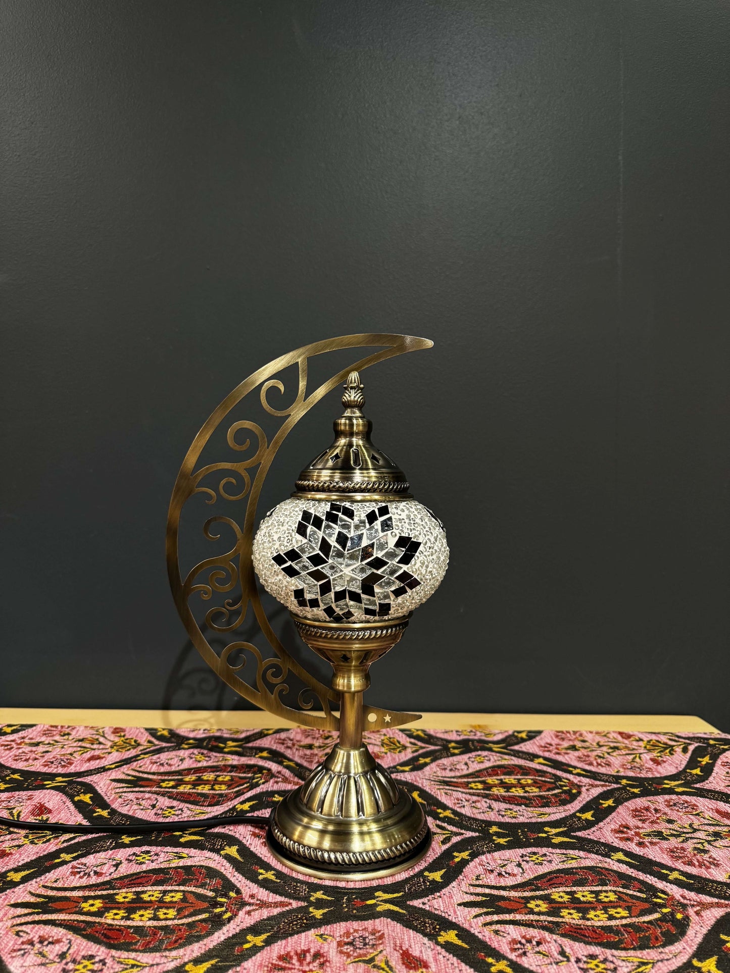 Monochrome Star Turkish Mosaic Lamp - Crescent Moon Design-Shop the Monochrome Star Turkish Mosaic Lamp! Features bold black and white star mosaic design with a crescent moon stand. Includes LED bulb. Perfect for decor or gifting.-Bazaar G Rugs N Gifts