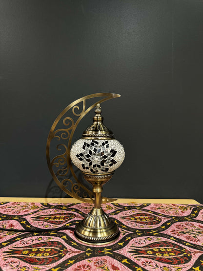 Monochrome Star Turkish Mosaic Lamp - Crescent Moon Design-Shop the Monochrome Star Turkish Mosaic Lamp! Features bold black and white star mosaic design with a crescent moon stand. Includes LED bulb. Perfect for decor or gifting.-Bazaar G Rugs N Gifts