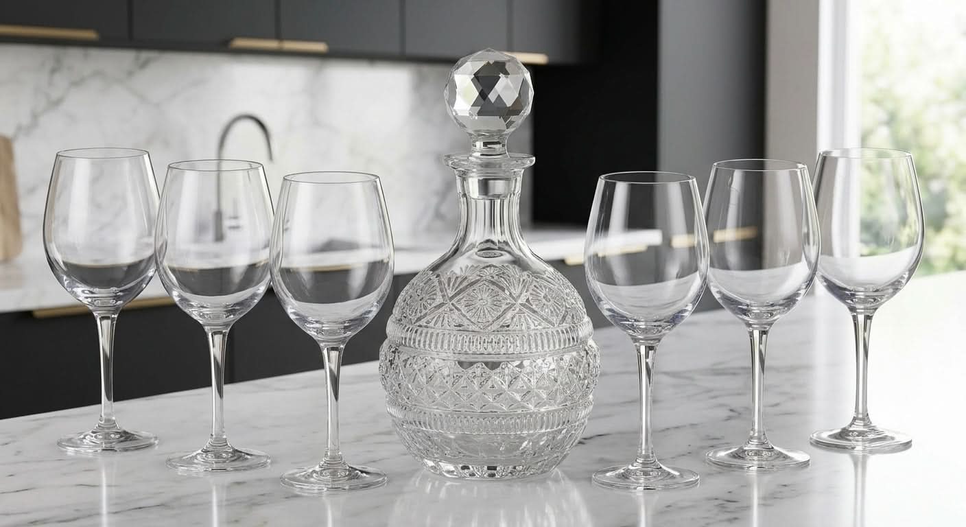 7-piece crystal decanter and wine glass set displayed on a marble countertop, showcasing elegant design.
