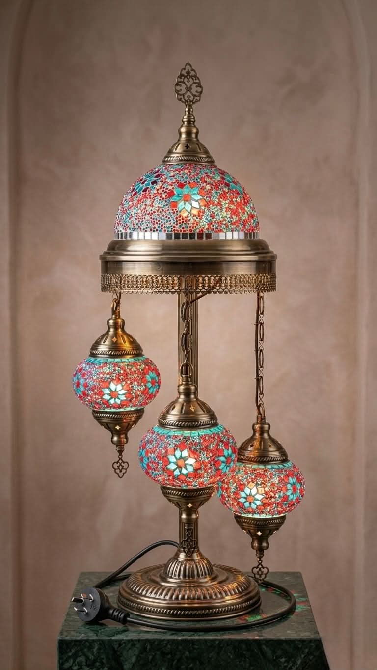 Mosaic Floor Lamp with Blue Red Flower design, featuring a decorative glass dome and three hanging globes.