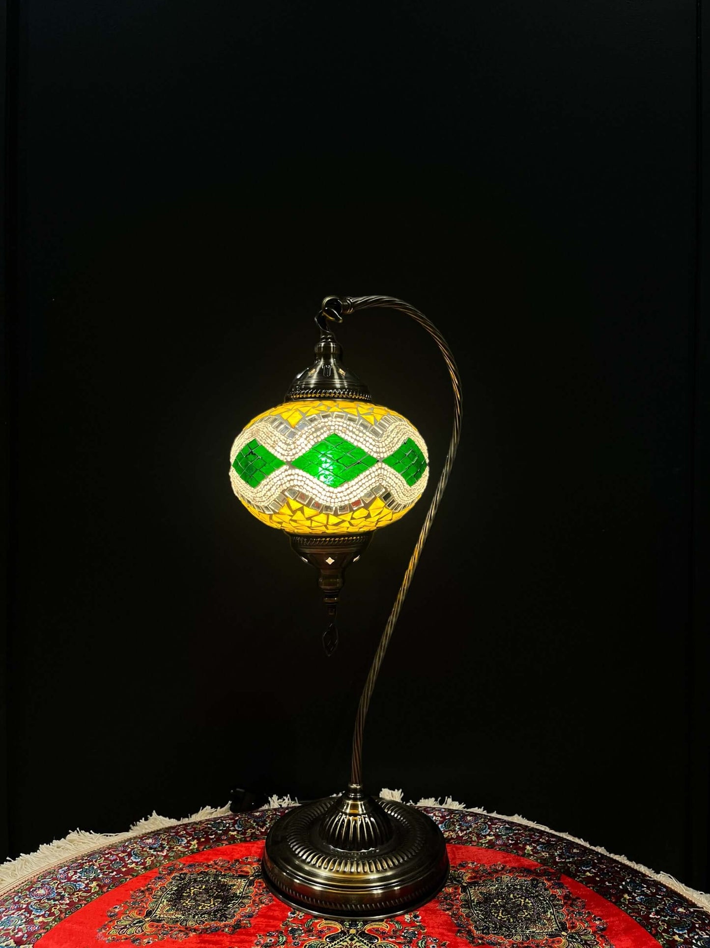 Mosaic Swan Lamps Long (Turkish Lamps) Green-Yellow-Unique and elegant decorative lighting fixtures featuring mosaic lamps designs crafted from vibrant glass pieces. Add a touch of grace and charm to your space with these exquisite Turkish lamps, suitable