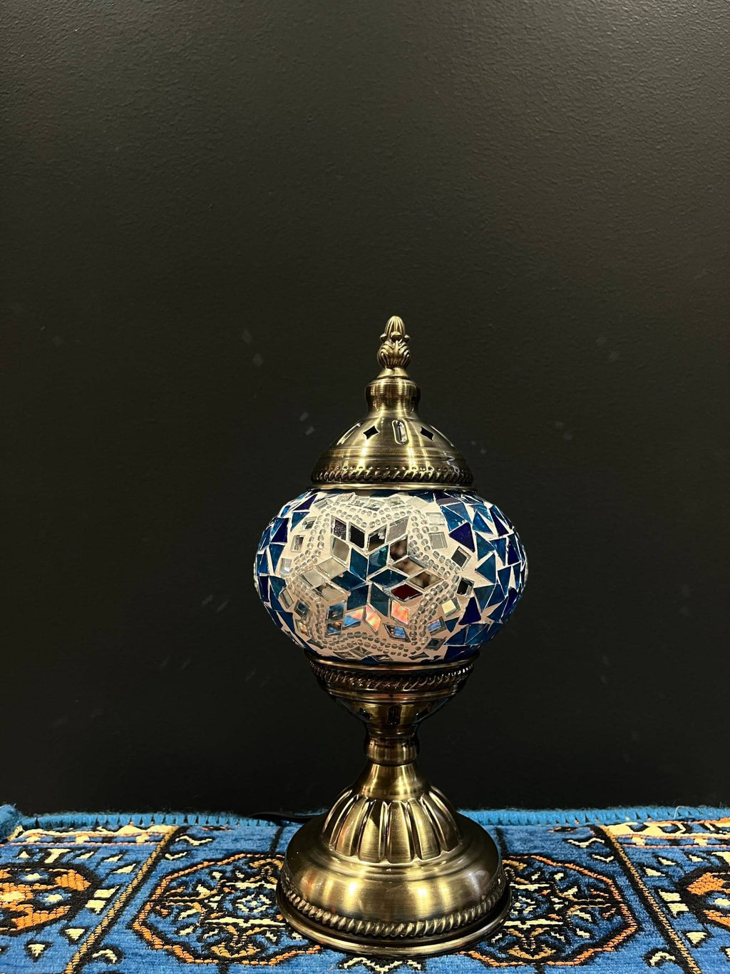 Mosaic Table Lamp blue star Turkish glass light with intricate designs and warm glow.