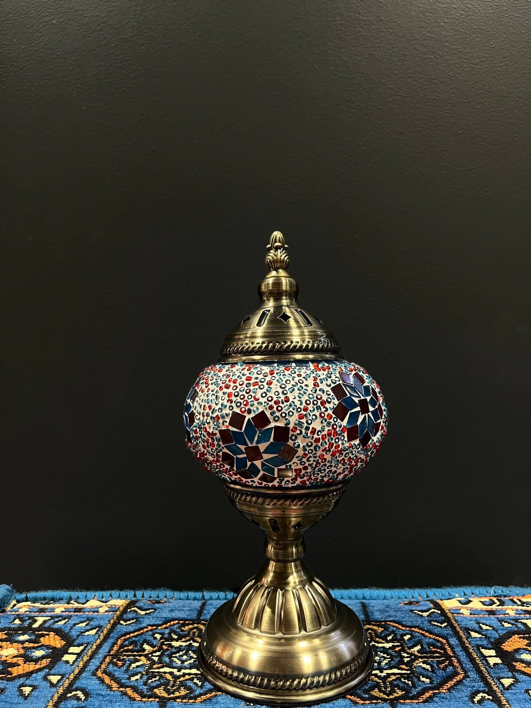 Mosaic Table Lamp with blue and red flower design, showcasing vibrant Turkish mosaic style and decorative elegance.