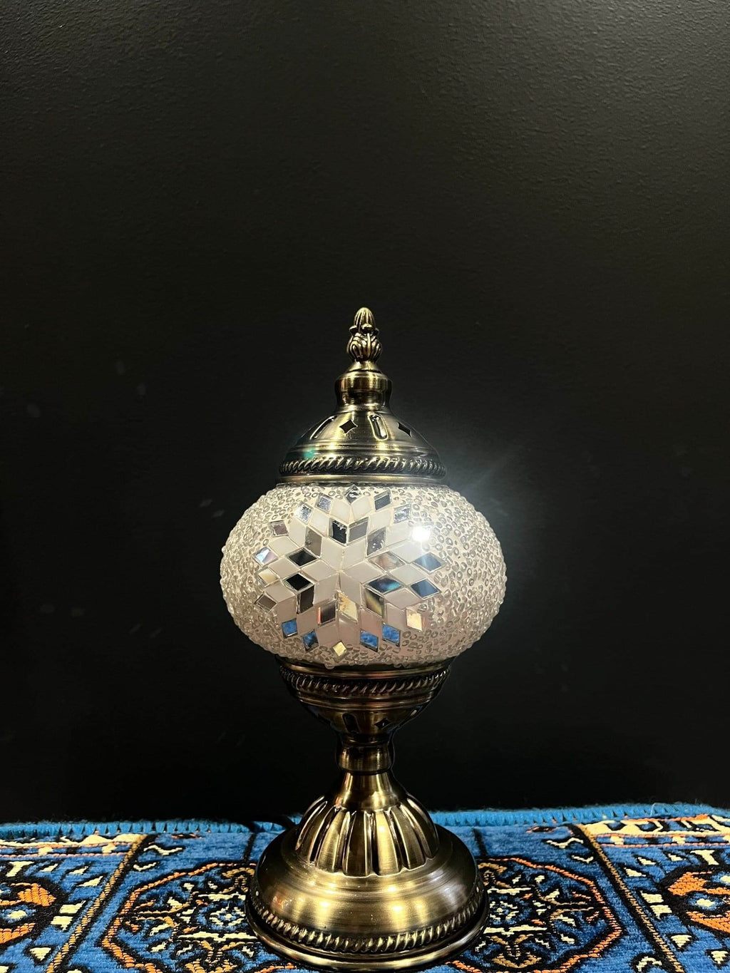 Mosaic Table Lamp featuring intricate Turkish glass design, casting a warm glow, perfect for home decor.