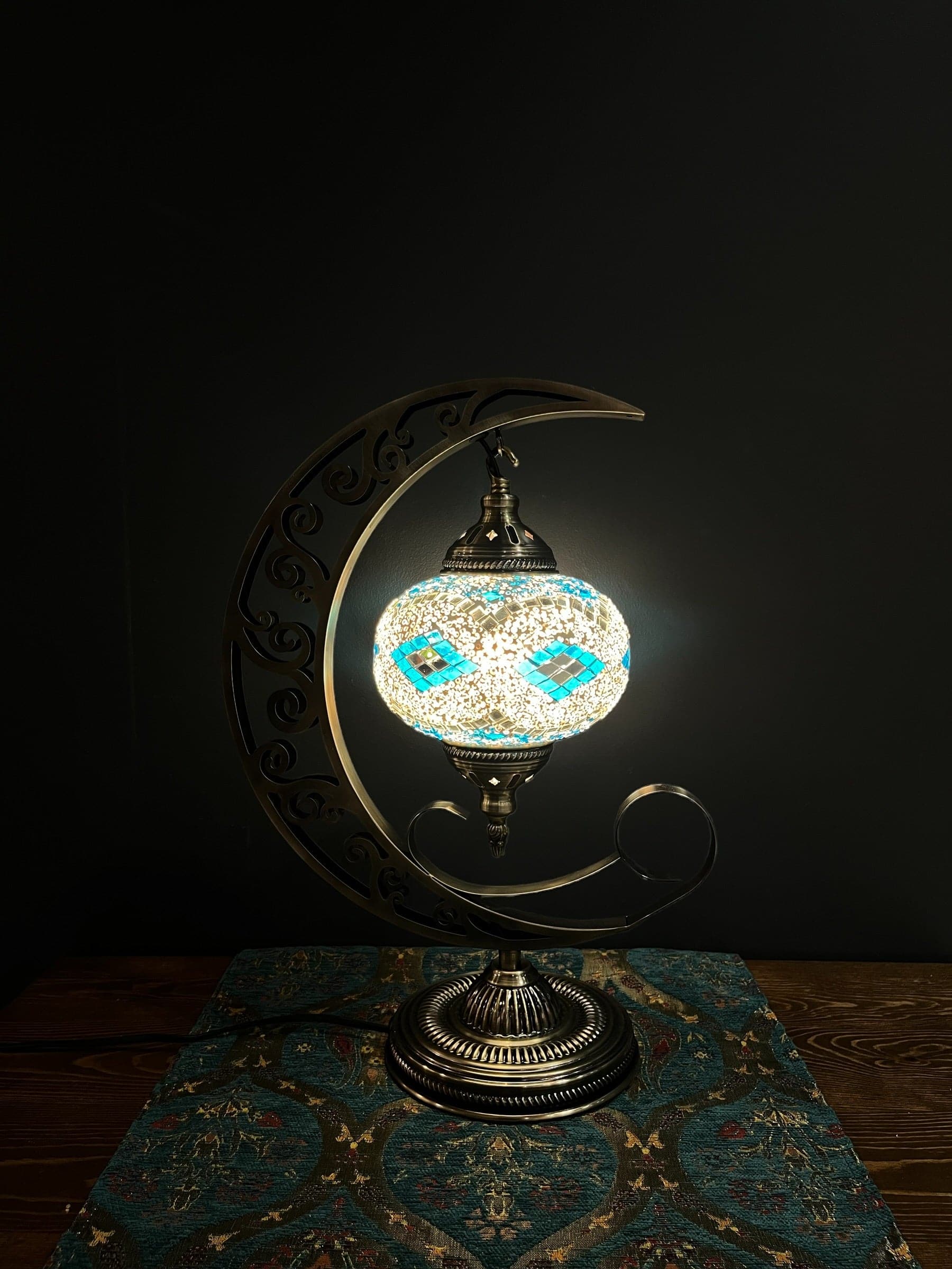 Mosaic Moon Lamp (Turkish Lamps) Aqua-White