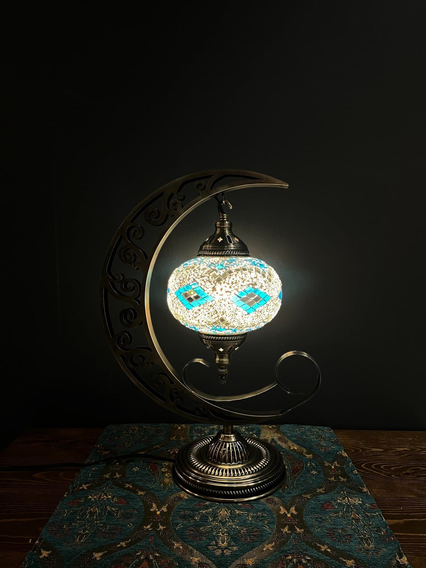 Mosaic Moon Lamp (Turkish Lamps) Aqua-White Lamps   