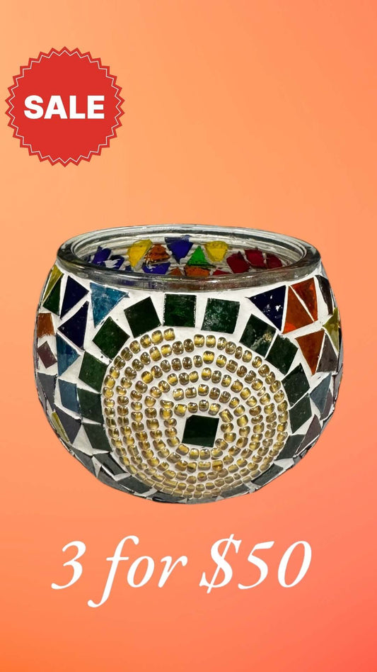 Multicolor Mosaic Candle Holder-Illuminate your space with the Radiant Spectrum Multicolor Mosaic Candle Holder. Vibrant and durable. Get 3 for $50 now!-Bazaar G Rugs N Gifts