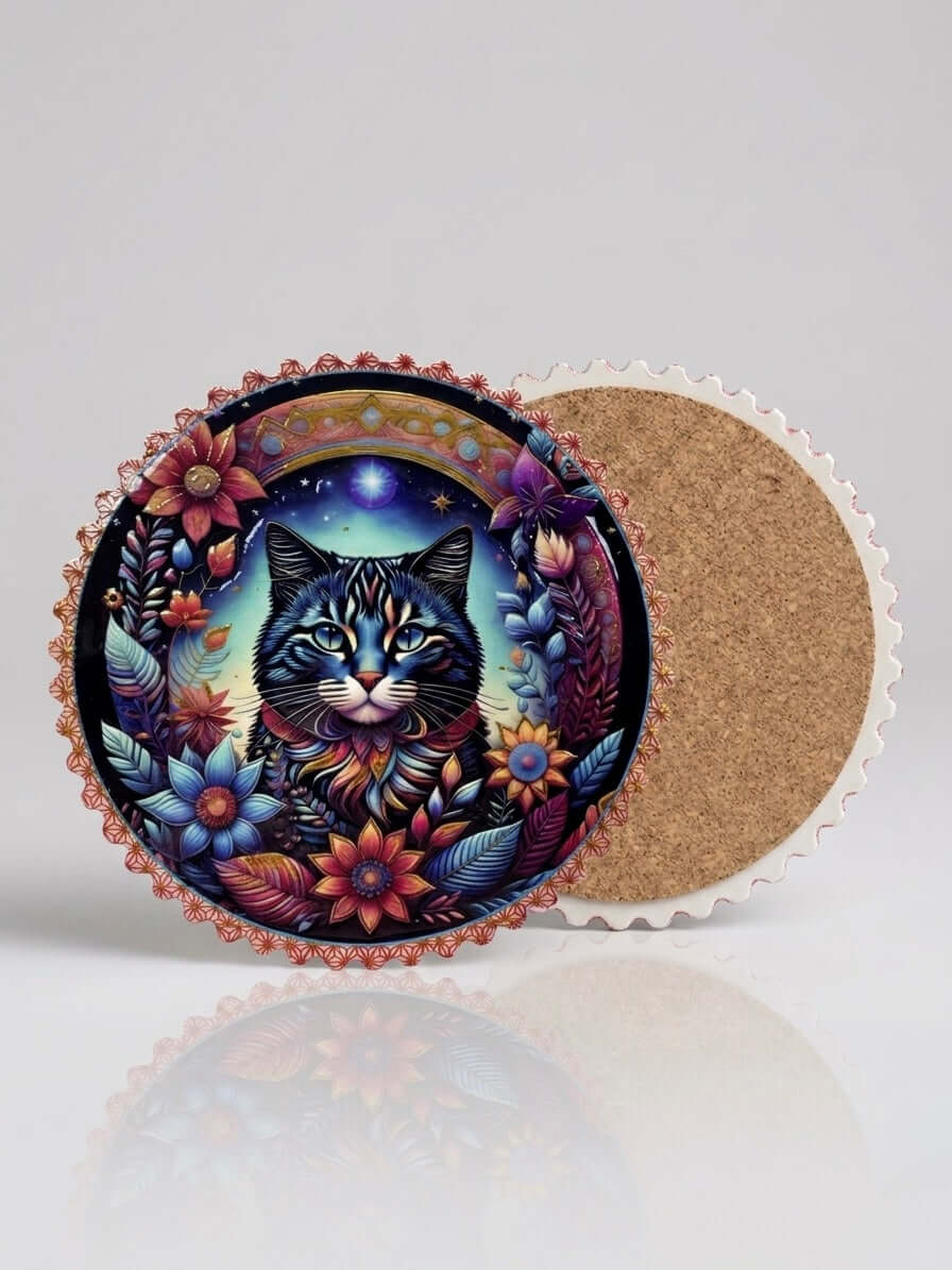 Mystic Cat Ceramic Coaster – vibrant floral design with celestial elements on cork base.