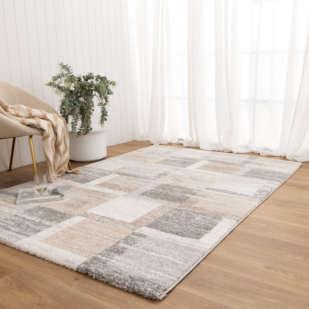Nola N001 Neutral Squares Rug styled with furniture