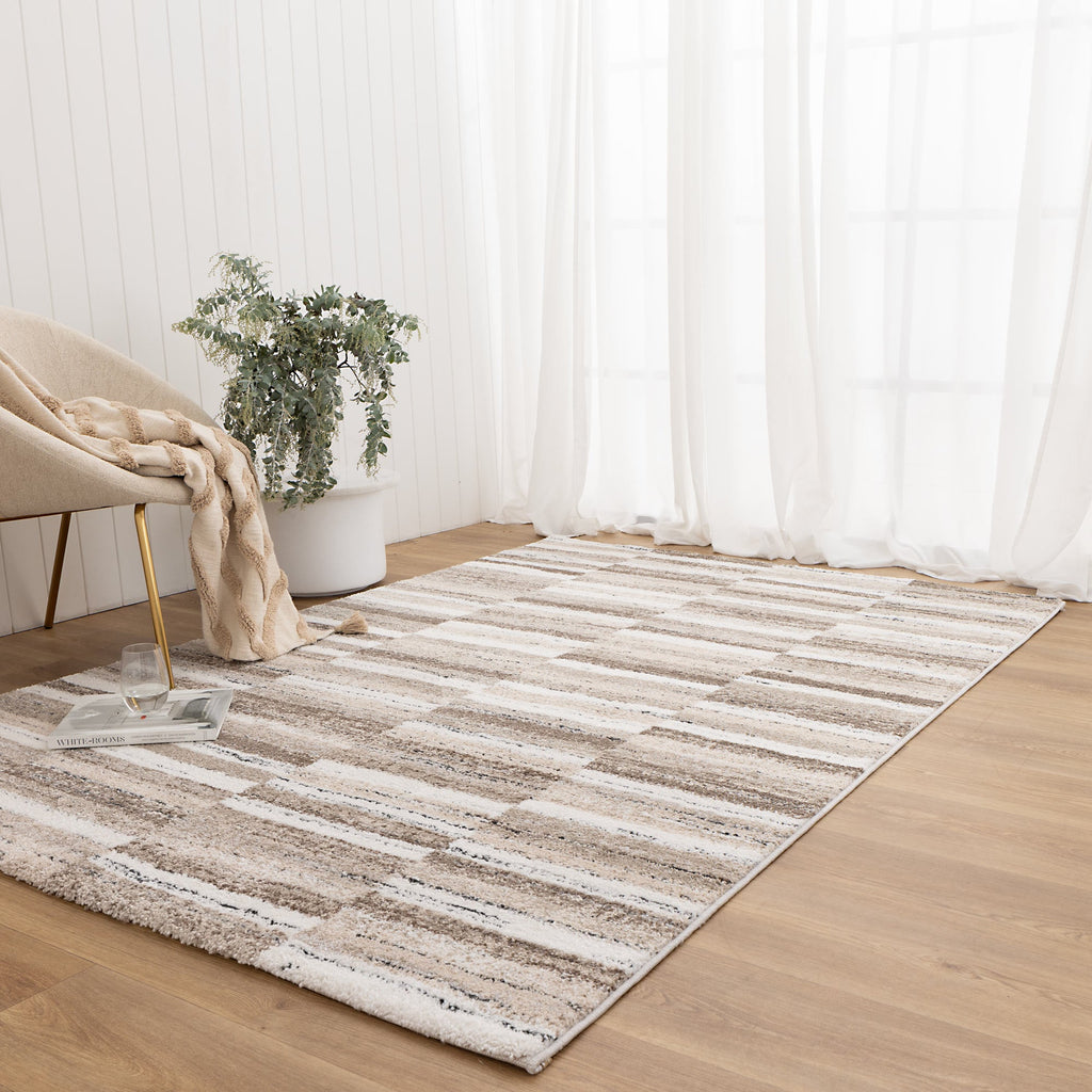 Nola N002 Beige Brown Geometric Rug styled with furniture