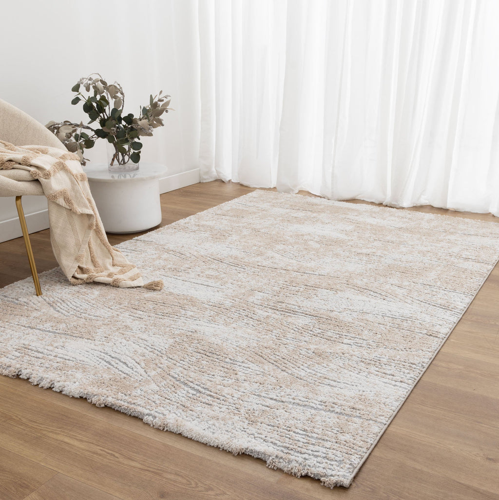 Nola Carved Beige Rug - N005 styled with furniture