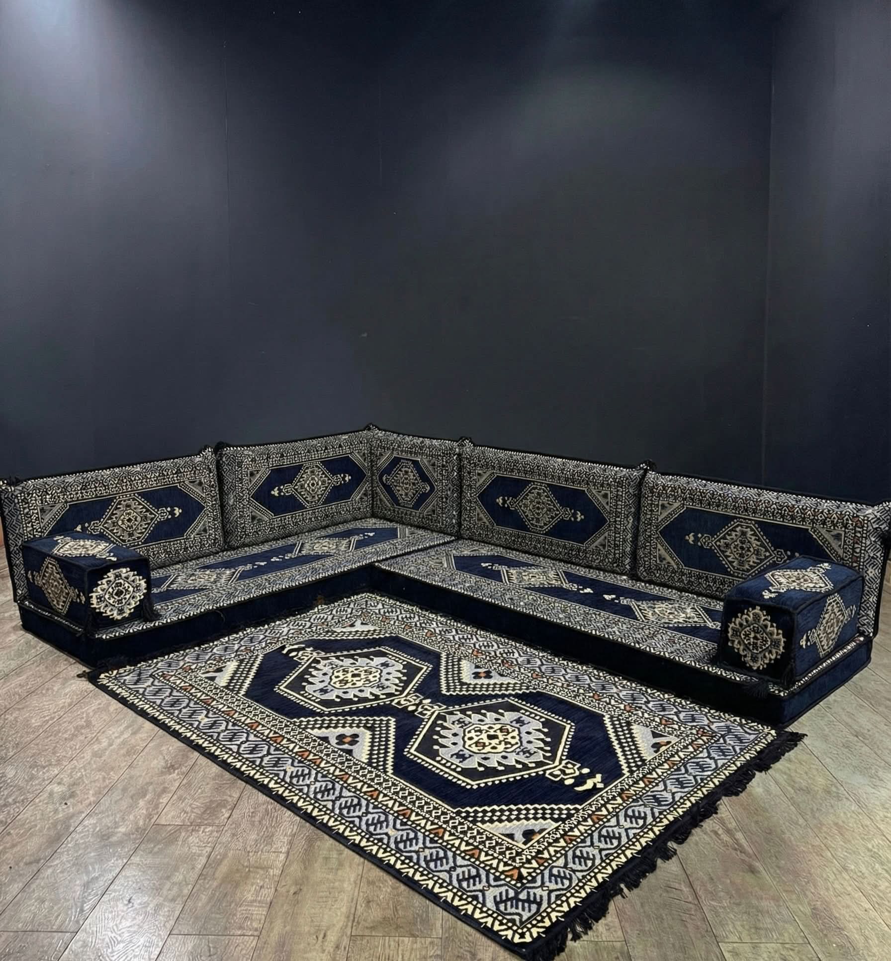Navy Palace Arabian Majlis L-Shape Sofa Set with traditional patterns and deep navy tones.