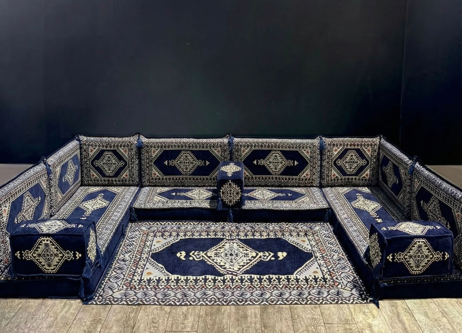 Navy Palace U-Shape Majlis Sofa Set in deep navy tones with palace-inspired patterns and luxurious design.