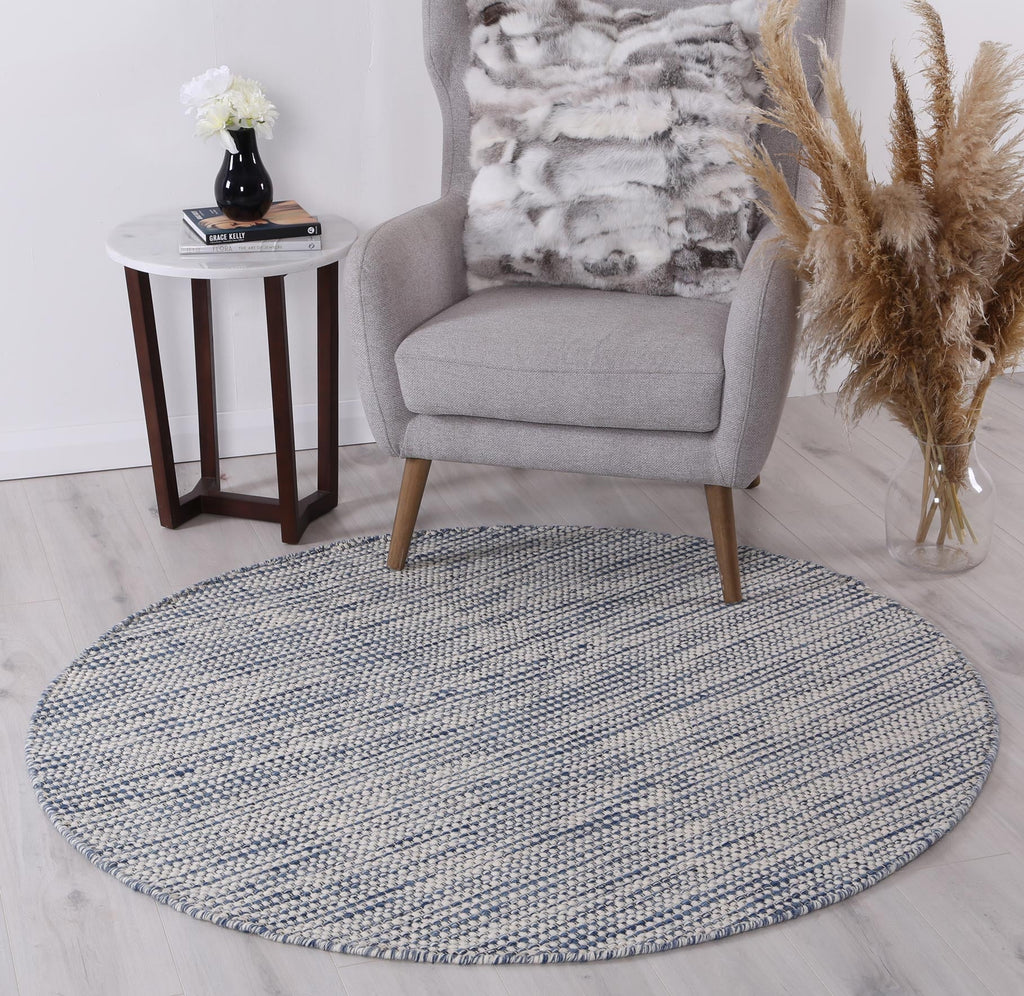 Nordic Blue Reversible Wool Round Rug styled with furniture