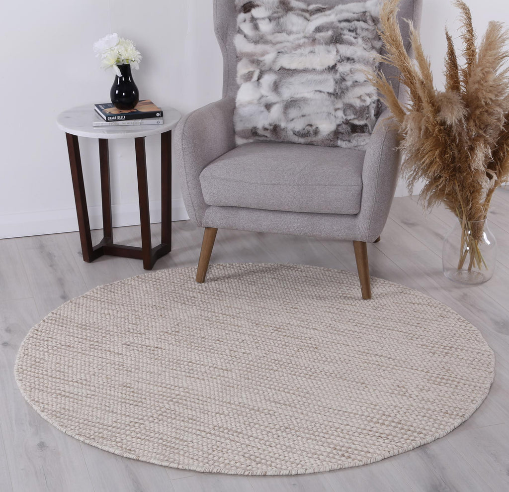 Nordic Beige Reversible Wool Round Rug styled with furniture