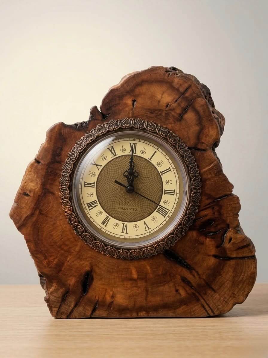 Natural Wood Table Clock 25cm with ornate brass details on a rustic wood base.