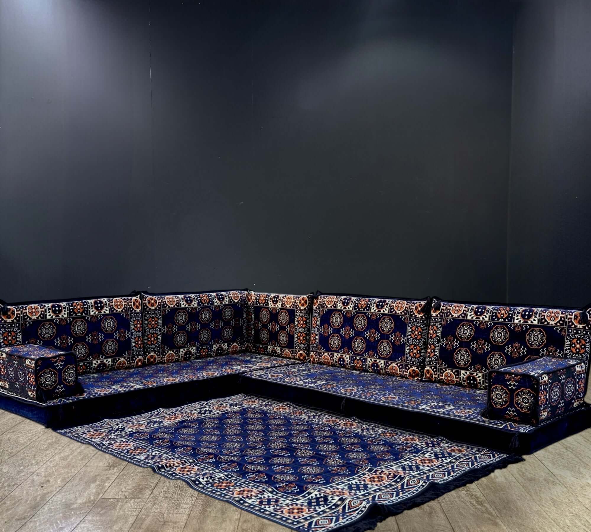 Navy Diamond Arabian Majlis L-Shape Sofa Set