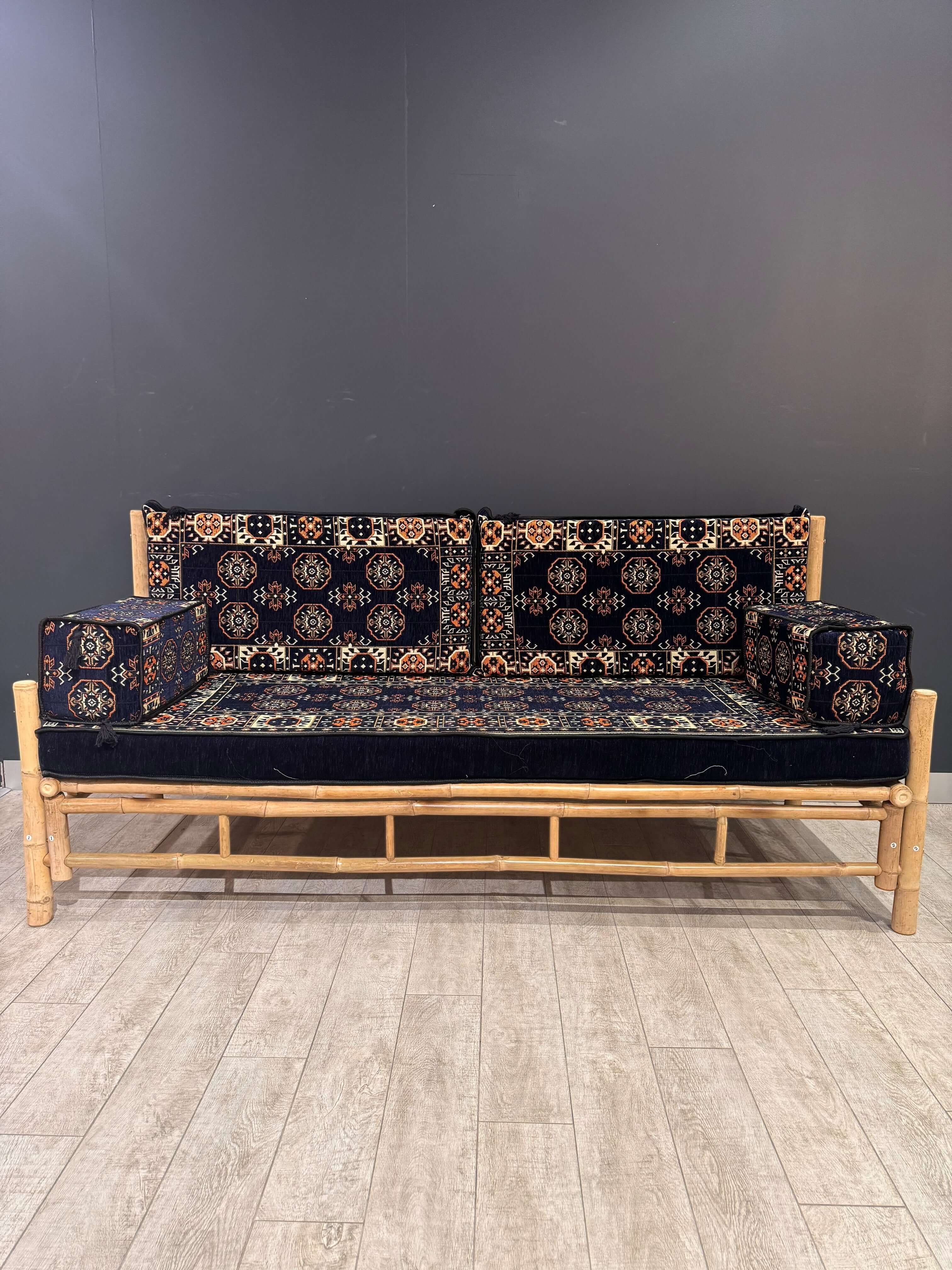 Navy Diamond Arabic Seating Sofa | Handmade Bamboo 70x190cm Cushion