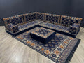Navy Diamond L-Shape Full Set with Arabian Majlis seating and patterned upholstery on wooden floor.