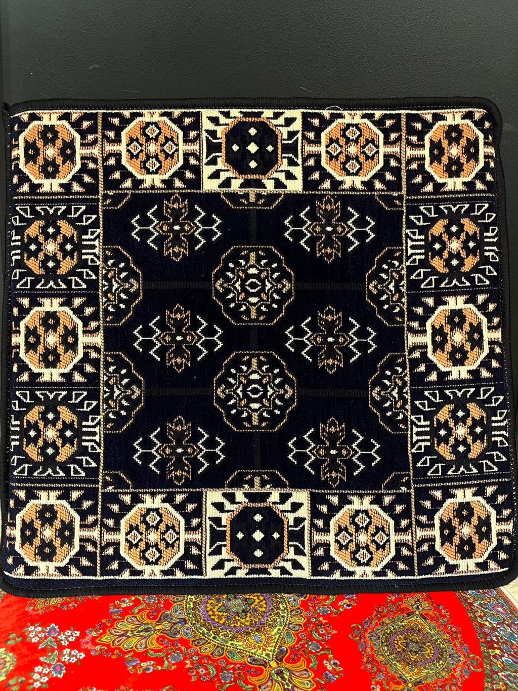 Navy Diamond Ottoman Floor Cushion featuring intricate patterns, perfect for Arabian majlis seating and cultural decor.