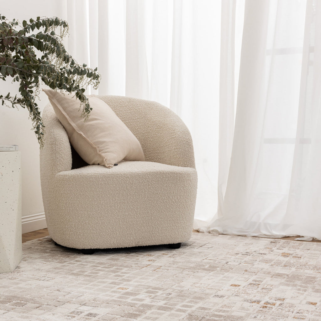 Pierre Cardin Ocean Matrix Beige Rug styled with furniture