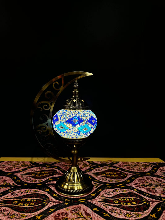 Ocean Breeze Turkish Mosaic Lamp - Crescent Moon Design-Ocean Breeze Turkish Mosaic Lamp! Features calming blue, turquoise, and white mosaics with a crescent moon design. Includes LED bulb. Perfect for decor or gifting.-Bazaar G Rugs N Gifts