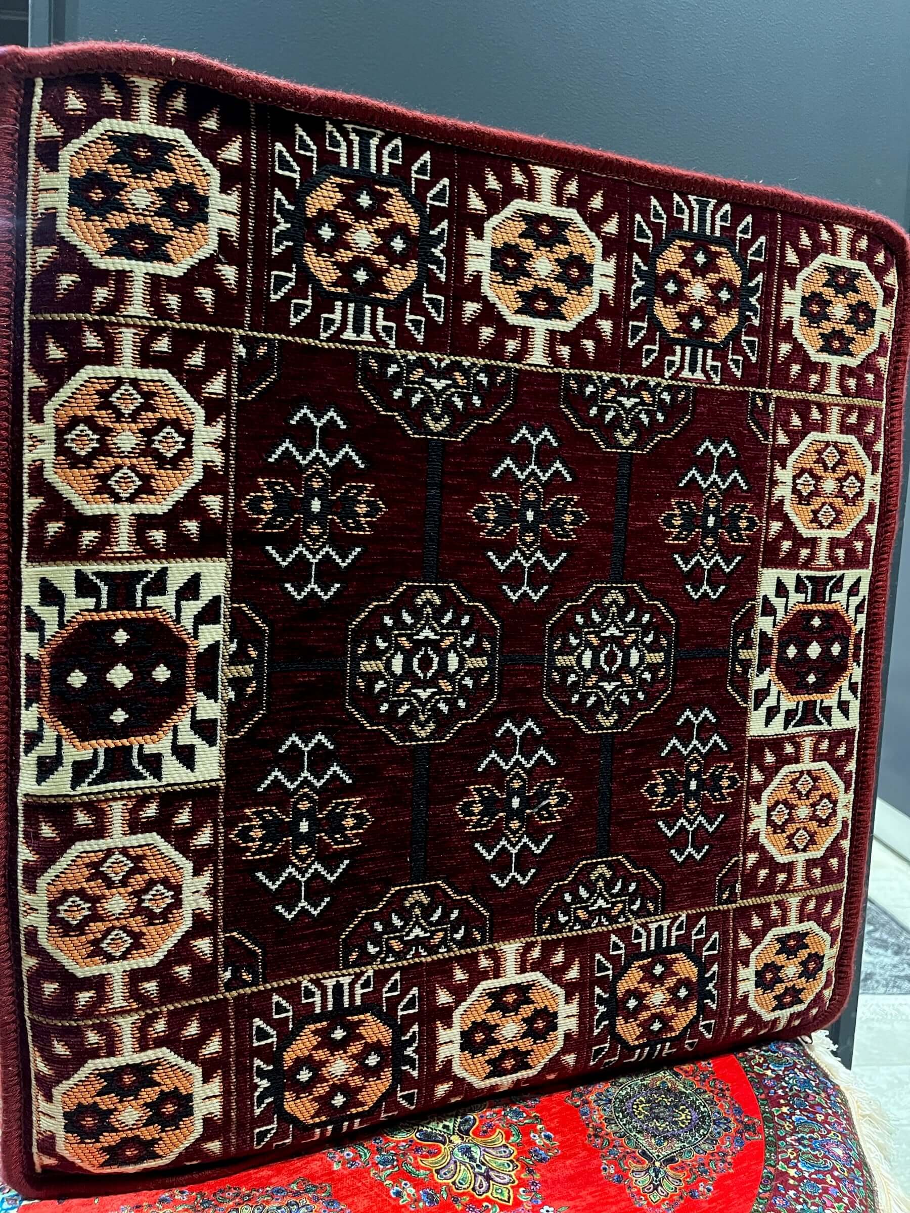 Ottoman Floor Cushion (Maroon & Orange)-Upgrade your space with luxurious 60x60 cm Ottoman cushions, perfect for Arabian majlis seating, floor cushions, or meditation pillows. Featuring intricate heritage designs and durable fabrics, these versatile cushi