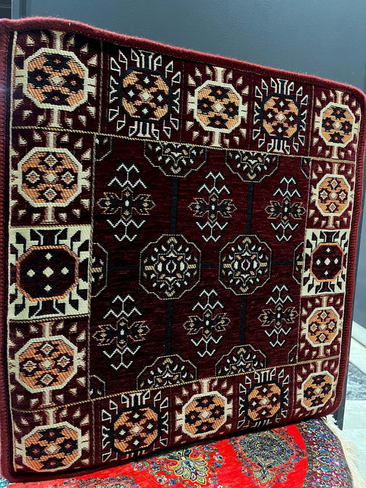 Ottoman Floor Cushion (Maroon & Orange)-Upgrade your space with luxurious 60x60 cm Ottoman cushions, perfect for Arabian majlis seating, floor cushions, or meditation pillows. Featuring intricate heritage designs and durable fabrics, these versatile cushi