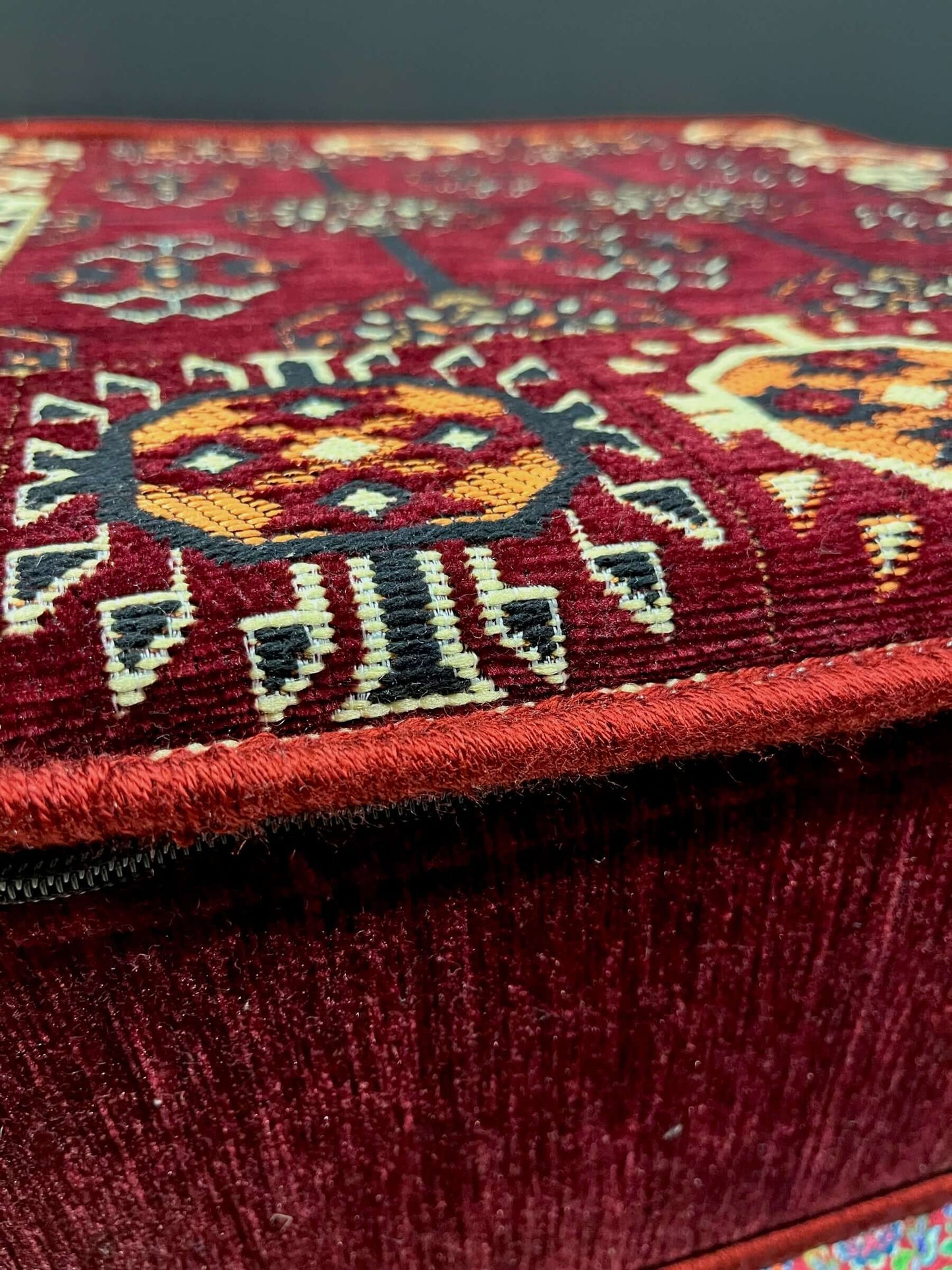 Ottoman Floor Cushion (Maroon & Orange)-Upgrade your space with luxurious 60x60 cm Ottoman cushions, perfect for Arabian majlis seating, floor cushions, or meditation pillows. Featuring intricate heritage designs and durable fabrics, these versatile cushi