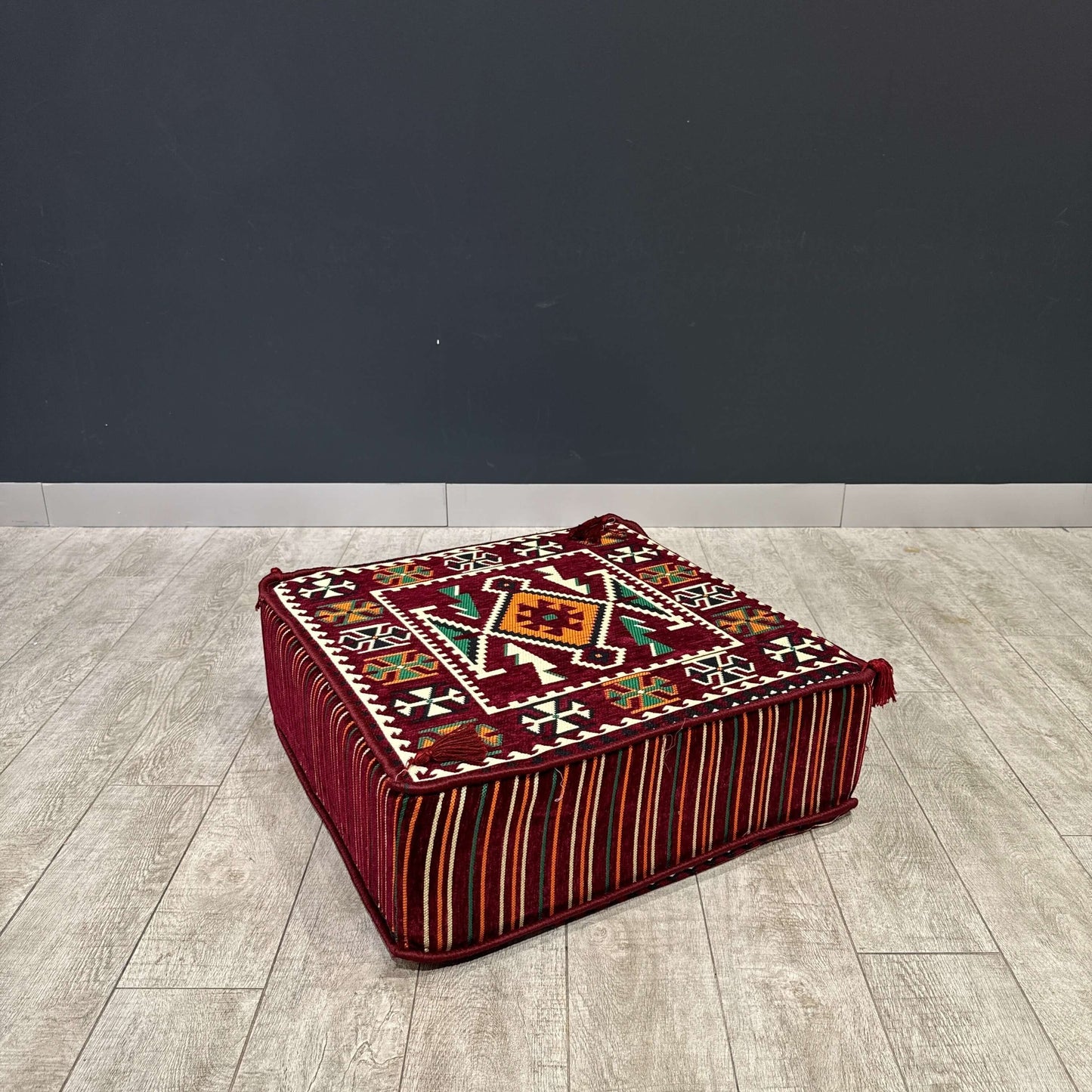 Ottoman Floor Cushion (Maroon with green & orange)-Upgrade your space with luxurious 60x60 cm Ottoman cushions, perfect for Arabian majlis seating, floor cushions, or meditation pillows. Featuring intricate heritage designs and durable fabrics, these vers