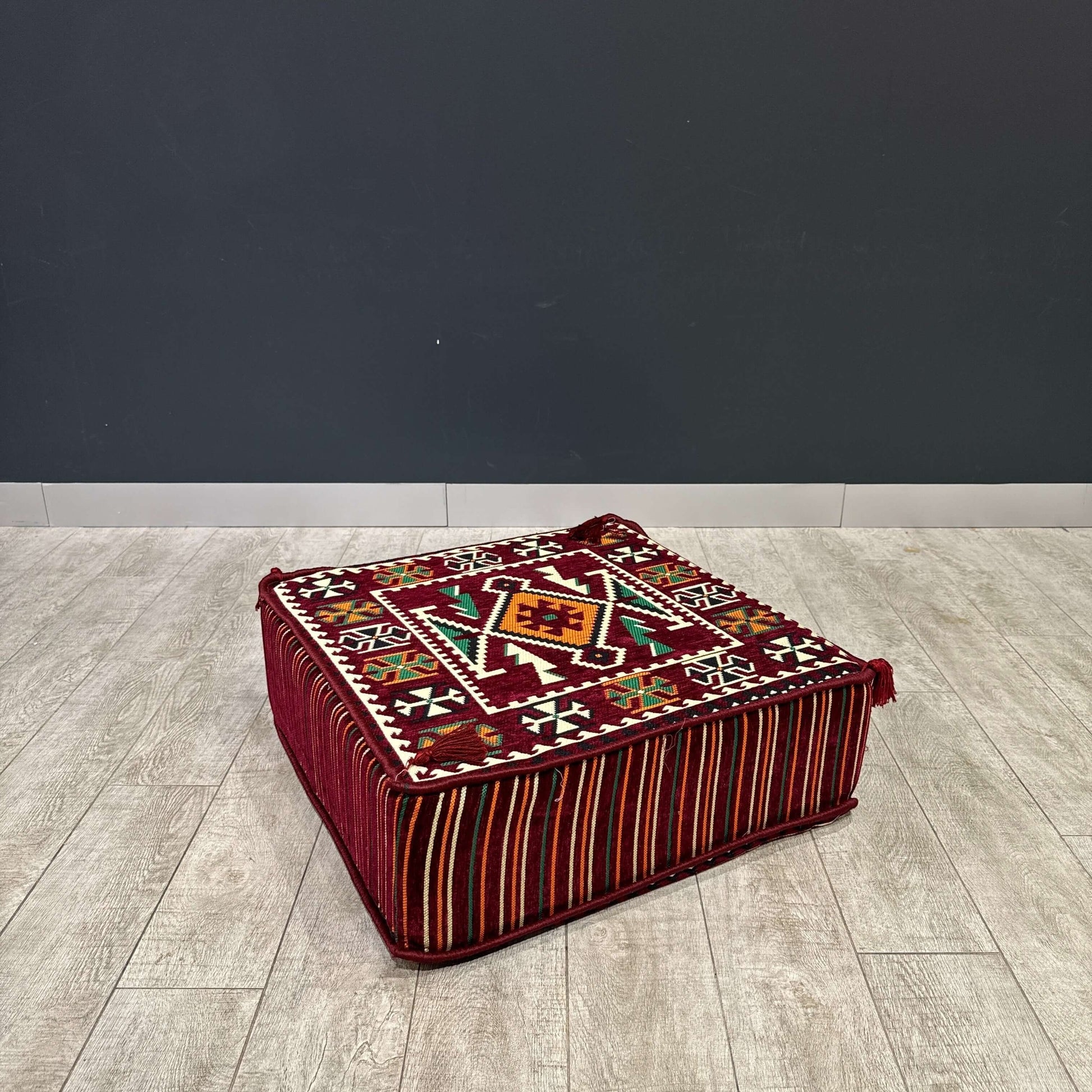 Ottoman Floor Cushion (Maroon with green & orange)-Upgrade your space with luxurious 60x60 cm Ottoman cushions, perfect for Arabian majlis seating, floor cushions, or meditation pillows. Featuring intricate heritage designs and durable fabrics, these vers
