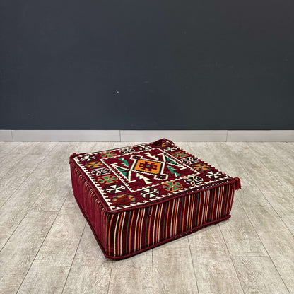 Ottoman Floor Cushion (Maroon with green & orange)-Upgrade your space with luxurious 60x60 cm Ottoman cushions, perfect for Arabian majlis seating, floor cushions, or meditation pillows. Featuring intricate heritage designs and durable fabrics, these vers
