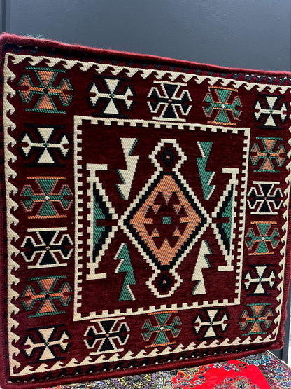 Ottoman Floor Cushion (Maroon with green & orange)-Upgrade your space with luxurious 60x60 cm Ottoman cushions, perfect for Arabian majlis seating, floor cushions, or meditation pillows. Featuring intricate heritage designs and durable fabrics, these vers