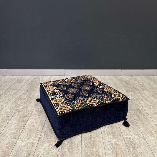 Ottoman Floor Cushion Navy-Upgrade your space with luxurious 60x60 cm Ottoman cushions, perfect for Arabian majlis seating, floor cushions, or meditation pillows. Featuring intricate heritage designs and durable fabrics, these versatile cushions add comfo