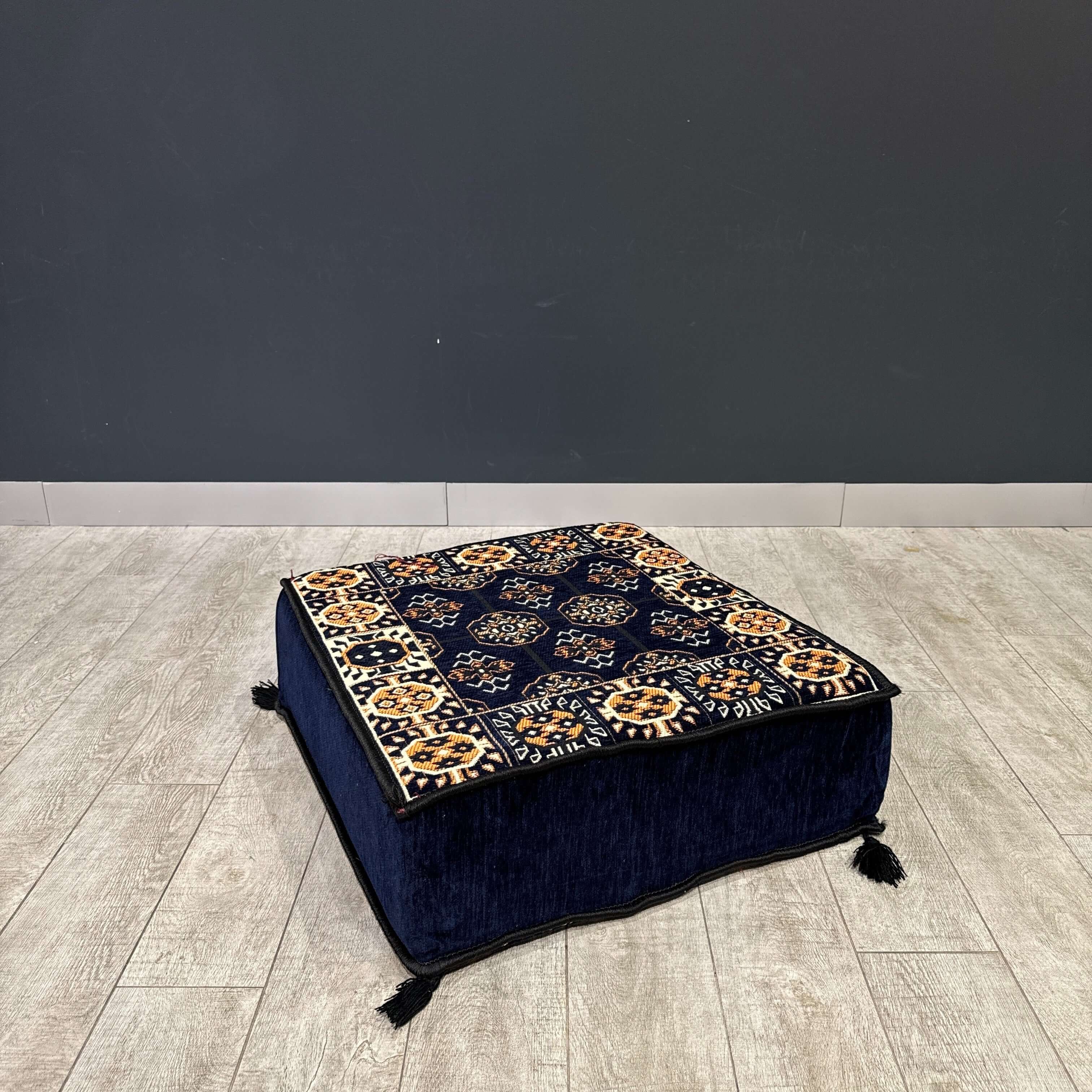 Navy Diamond Ottoman Floor Cushion featuring intricate pattern, perfect for Arabian majlis seating and stylish floor arrangements.