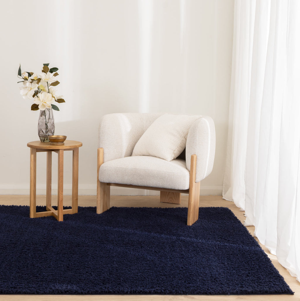 Plush Navy Shaggy Rug styled with furniture