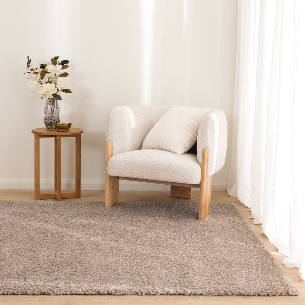 Plush Taupe Shaggy Rug styled with furniture