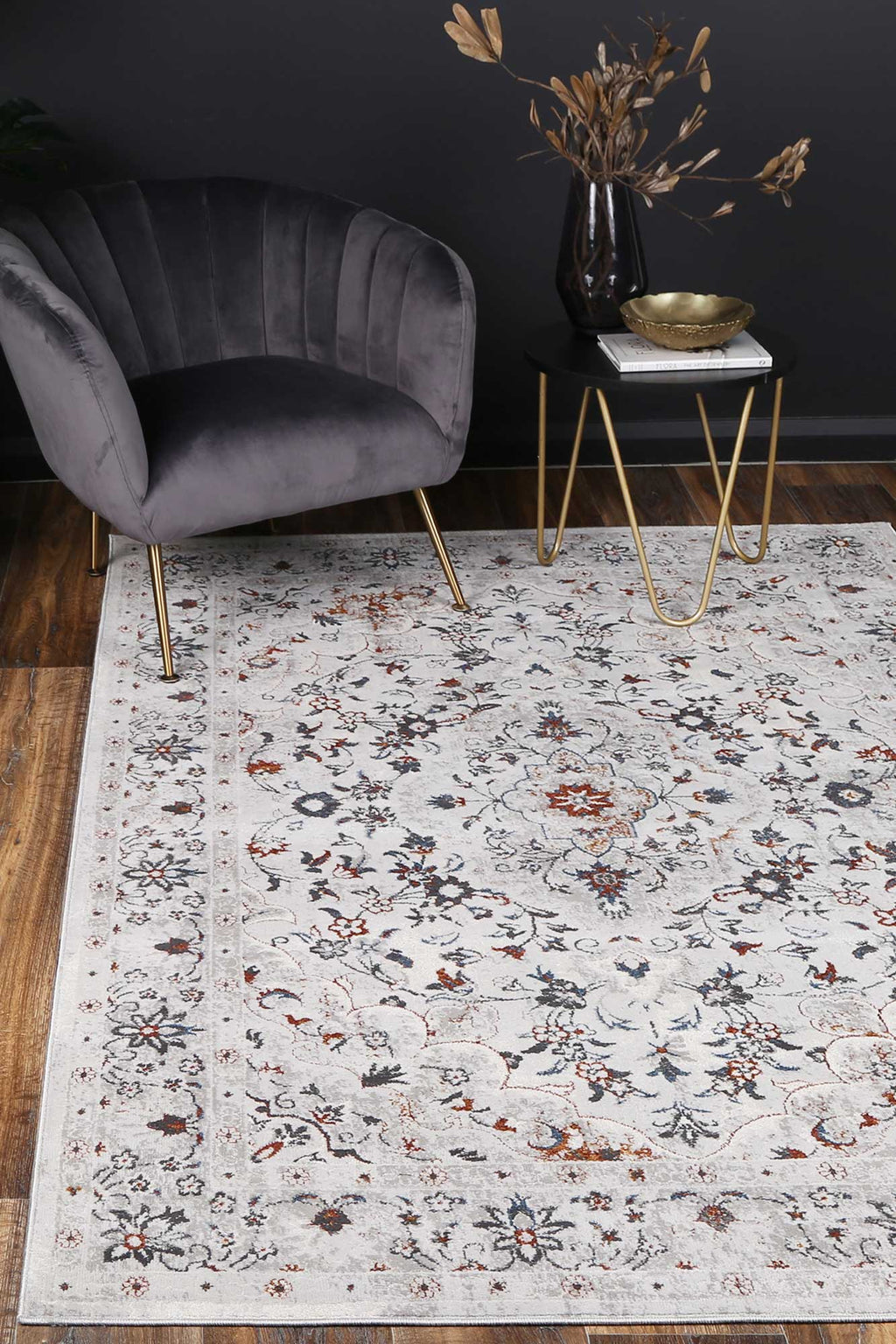 Porto Ava Ivory & Red Traditional Rug - 01 styled with furniture