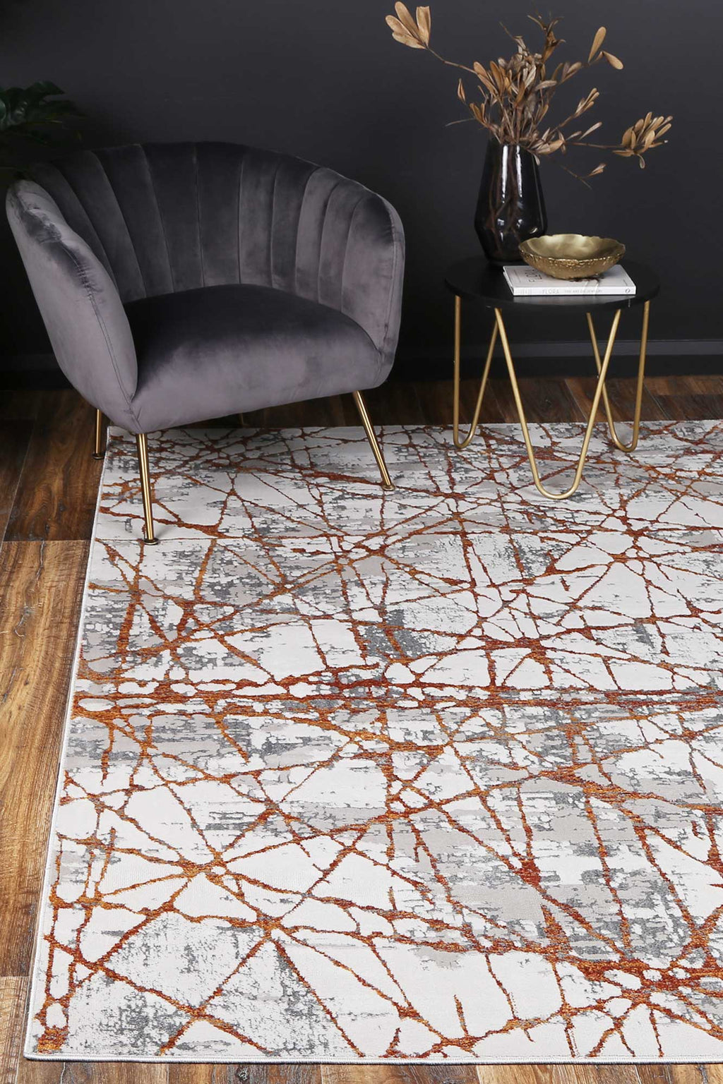 Porto James Grey & Orange Geometric Rug - 03 styled with furniture