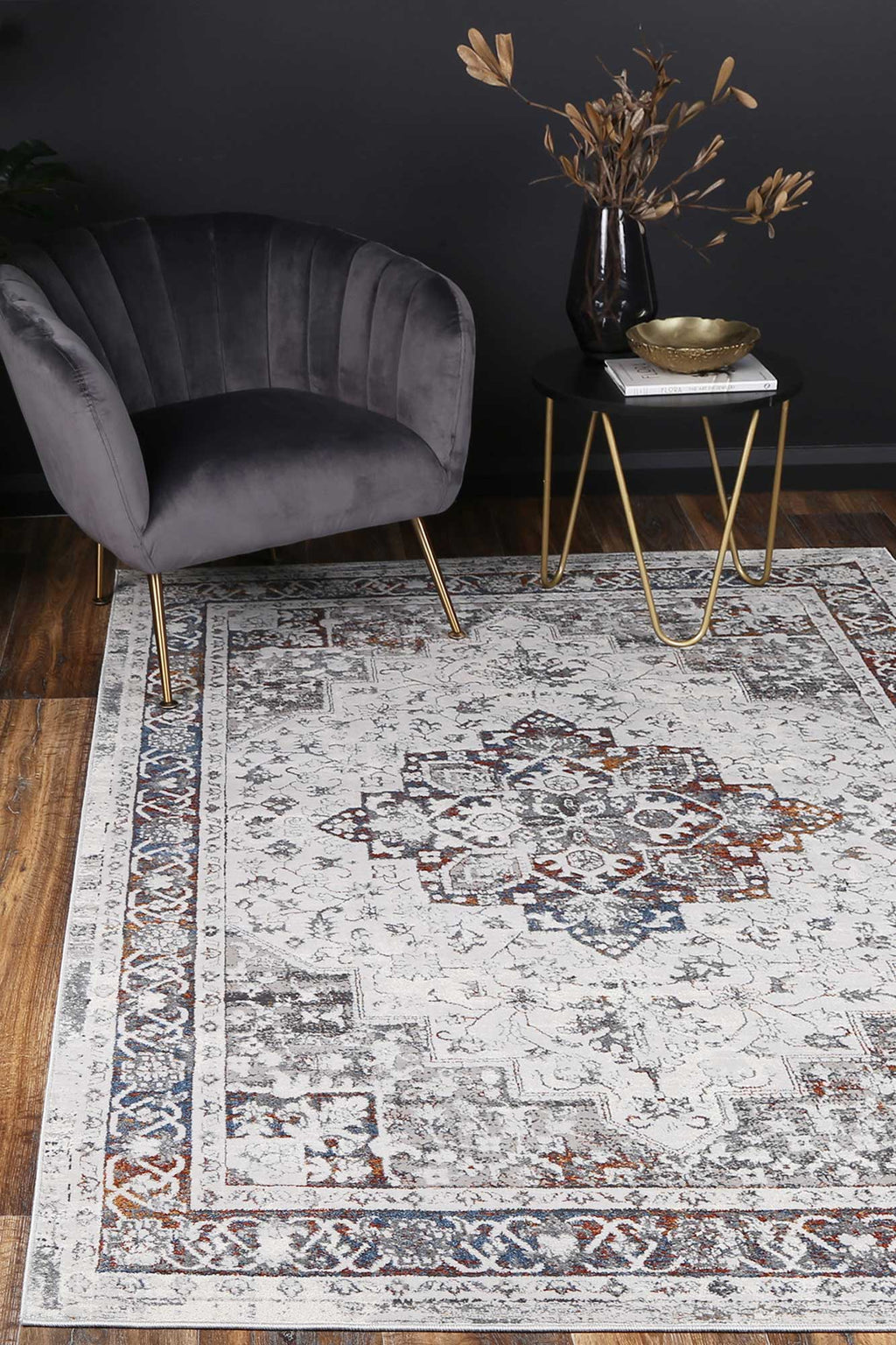 Porto Camila Grey & Blue Traditional Rug - 04 styled with furniture