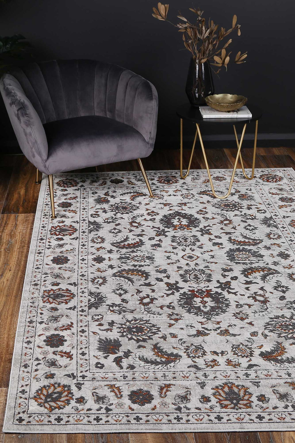 Porto Edward Ivory & Red Traditional Rug - 05 styled with furniture