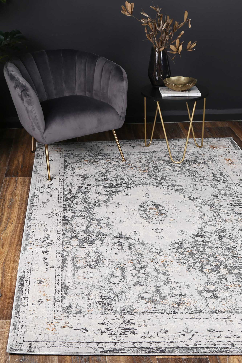 Porto Alexander Grey & Yellow Traditional Rug - 06 styled with furniture
