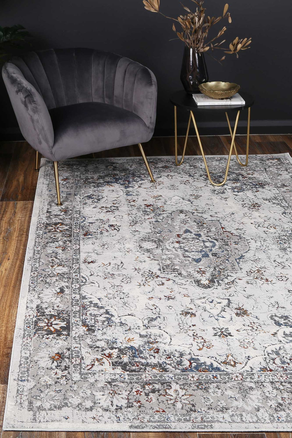 Porto Ava Ivory & Blue Traditional Rug - 07 styled with furniture