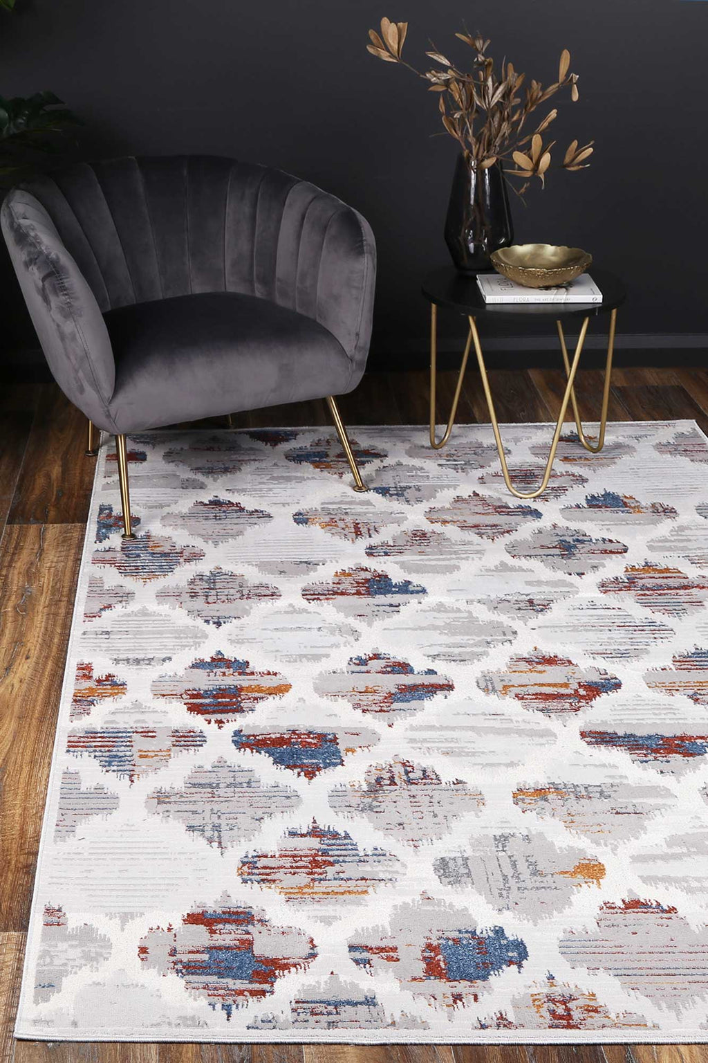 Porto Isabella Grey & Multi Geometric Rug - 09 styled with furniture