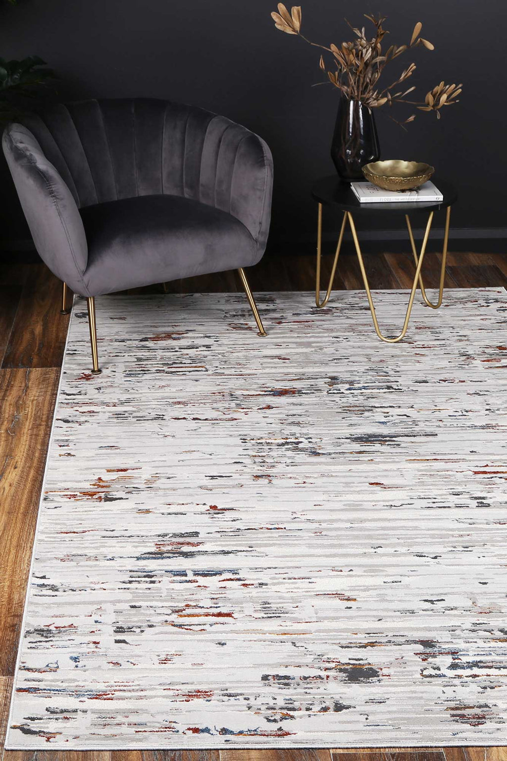 Porto Thomas Grey & Multi Abstract Rug - 11 styled with furniture